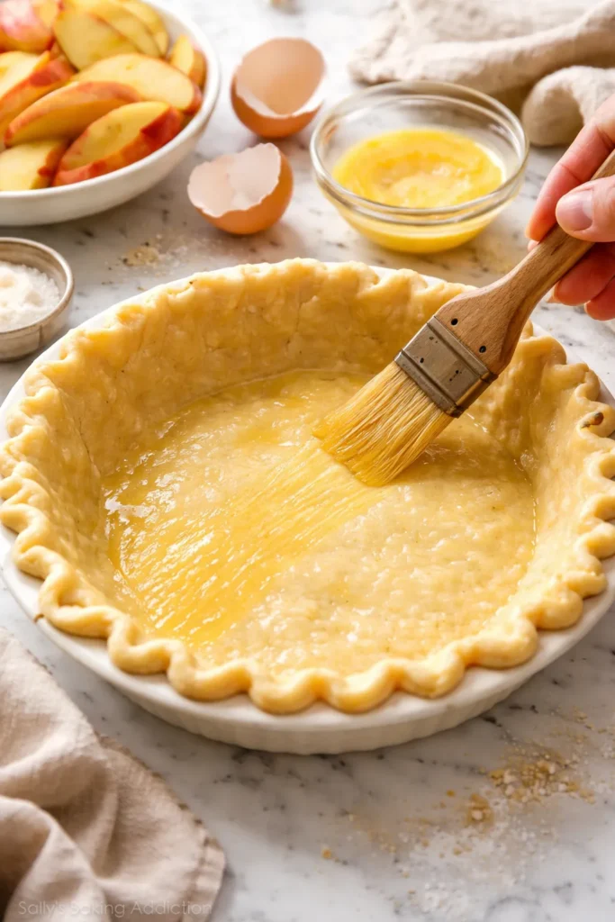 Pie crust bottom brushed with egg wash to prevent soggy crust