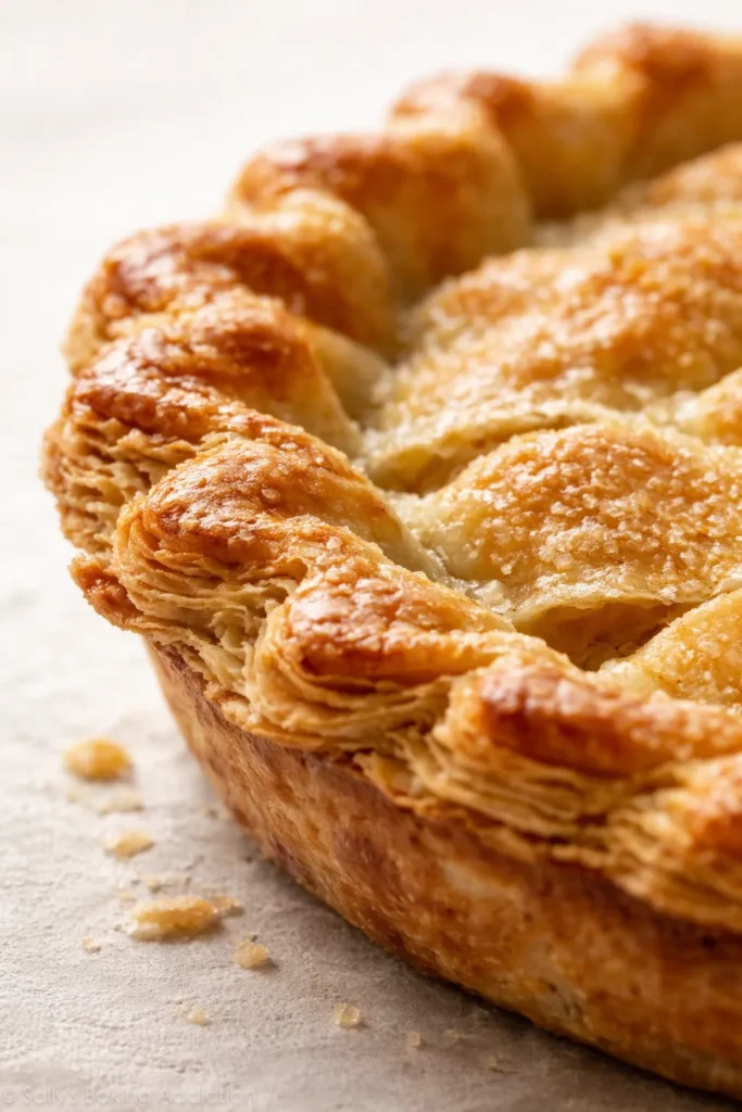 Close-up of flaky buttery pie crust edge