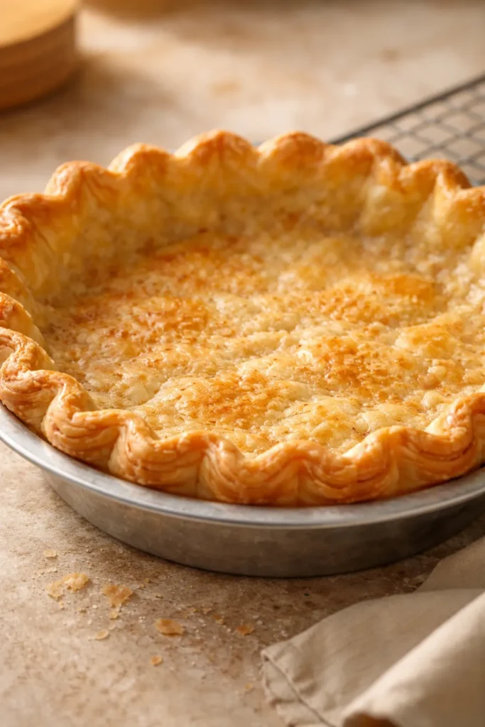 Golden flaky pie crust in a metal pan with a crimped edge on a neutral background.