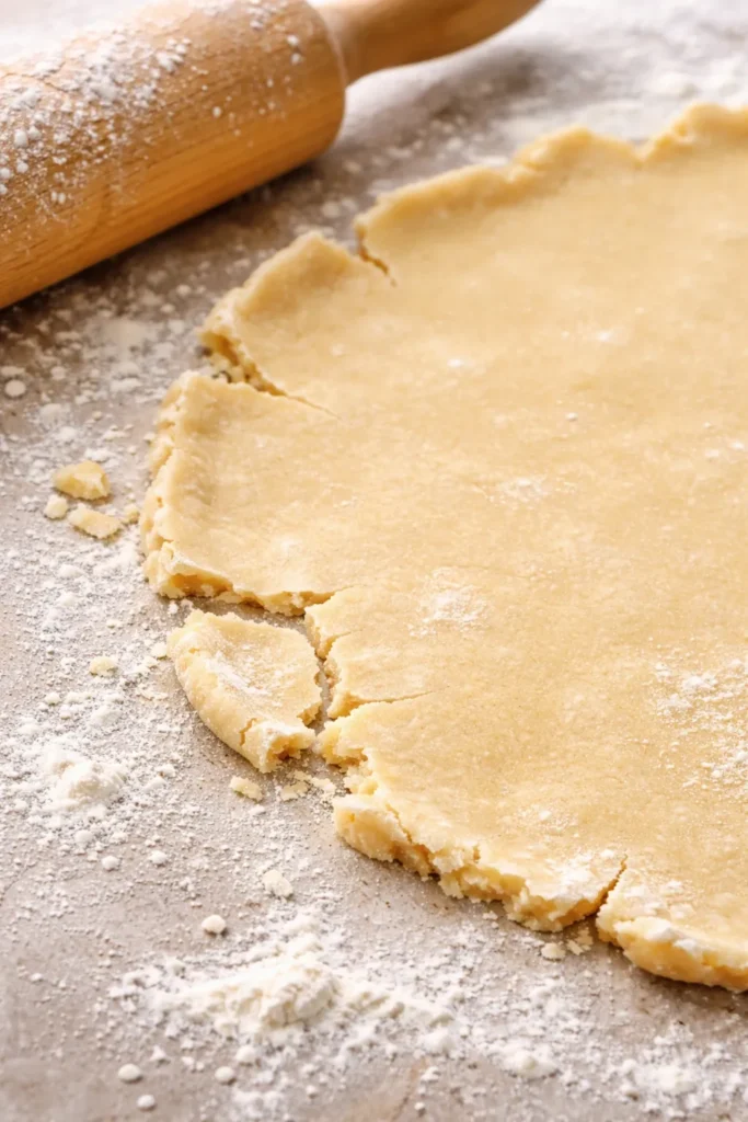 Close-up of cracked dough edge on flour-dusted surface indicating crust mistakes.