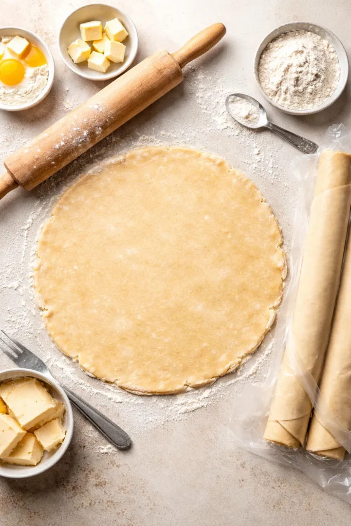 Close-up of rolled-out pie dough disc on surface