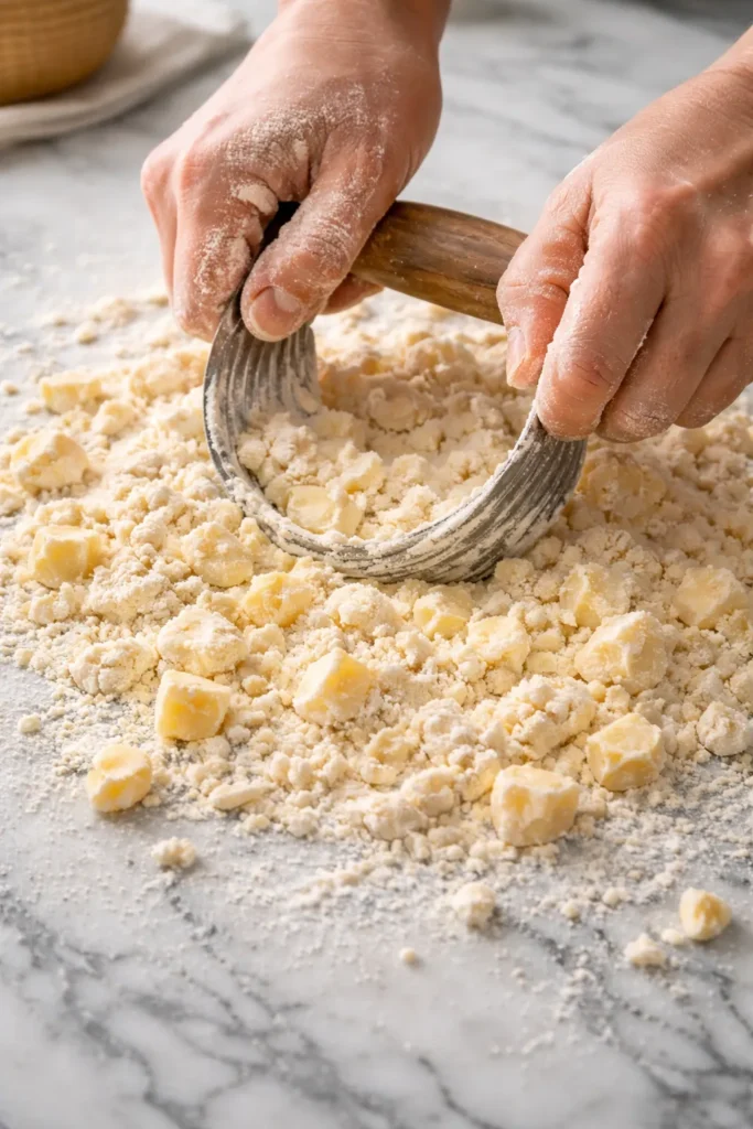 Close-up of dough being worked into coarse crumbs with visible butter pieces.