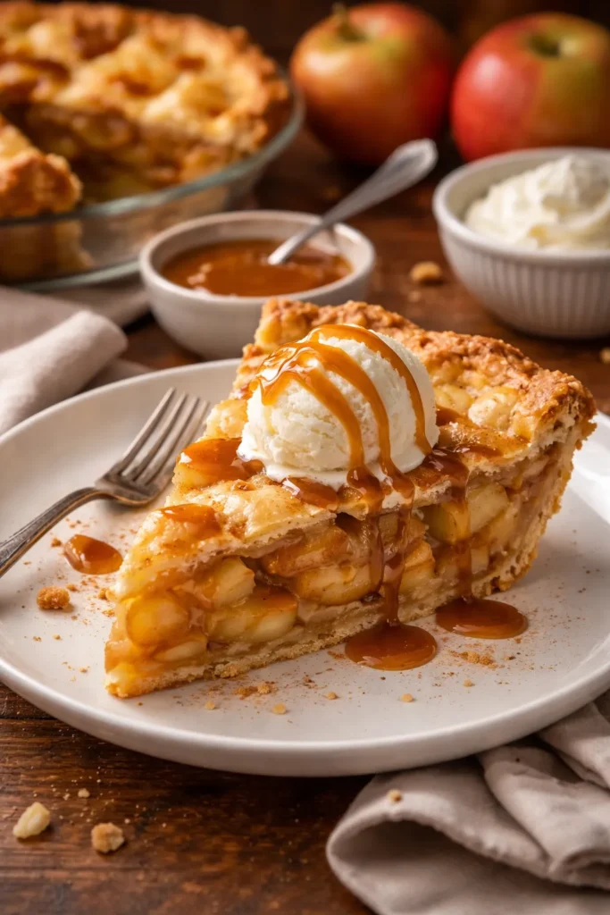 Apple pie slice with vanilla ice cream and caramel drizzle