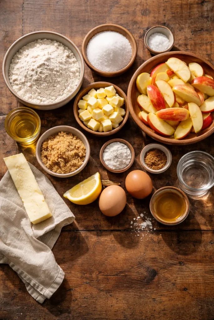 Top-down view of pie ingredients including flour, butter, sugar, and apples on a rustic wooden surface.