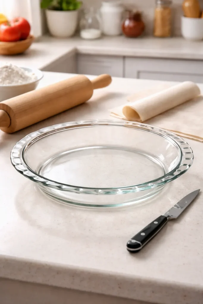 9-inch glass pie plate with rolling pin and knife ready for baking