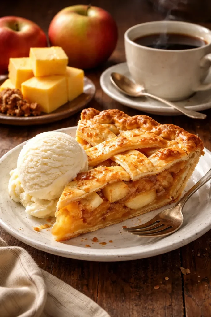 Slice of apple pie with vanilla ice cream on plate.
