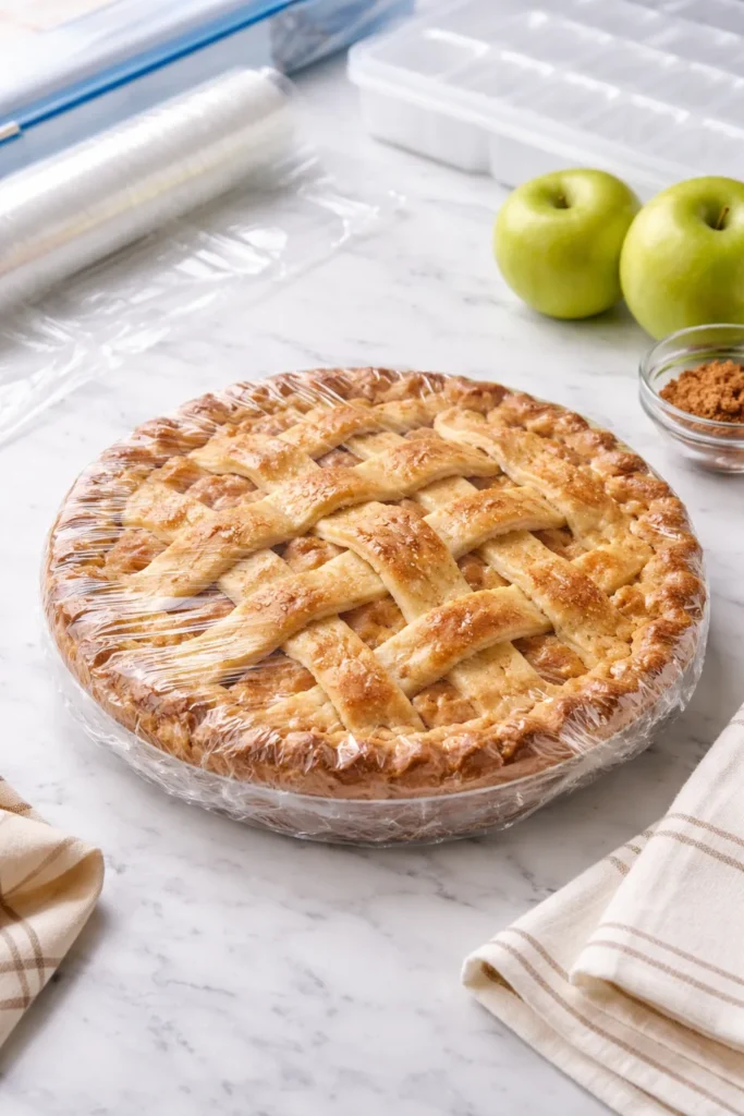 Apple pie wrapped in plastic wrap on a kitchen counter for storage.