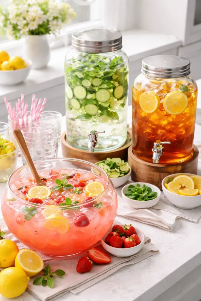 Non-alcoholic drink station with pink lemonade punch, spa water, and iced tea on a bright counter