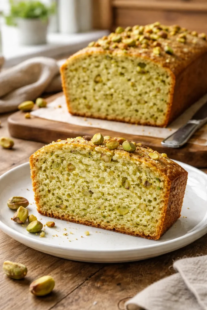 Close-up of pistachio quick bread slice showing pale green crumb and pistachio pieces