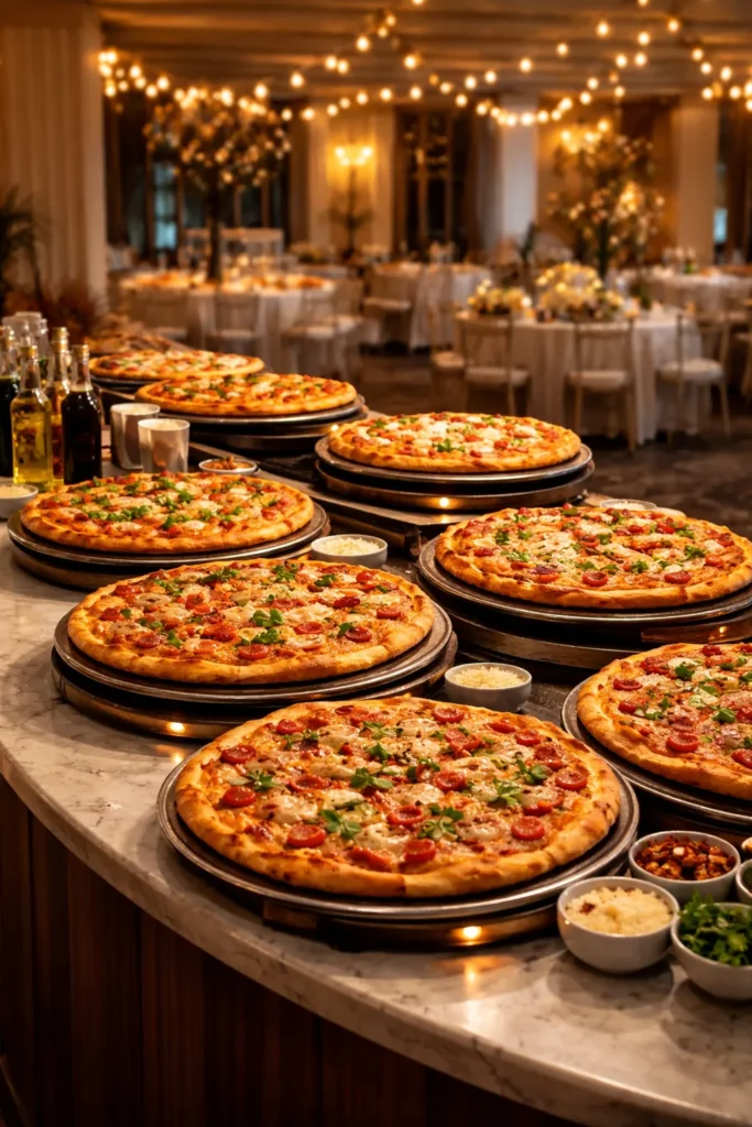 Assorted pizzas on a pizza bar at a wedding reception