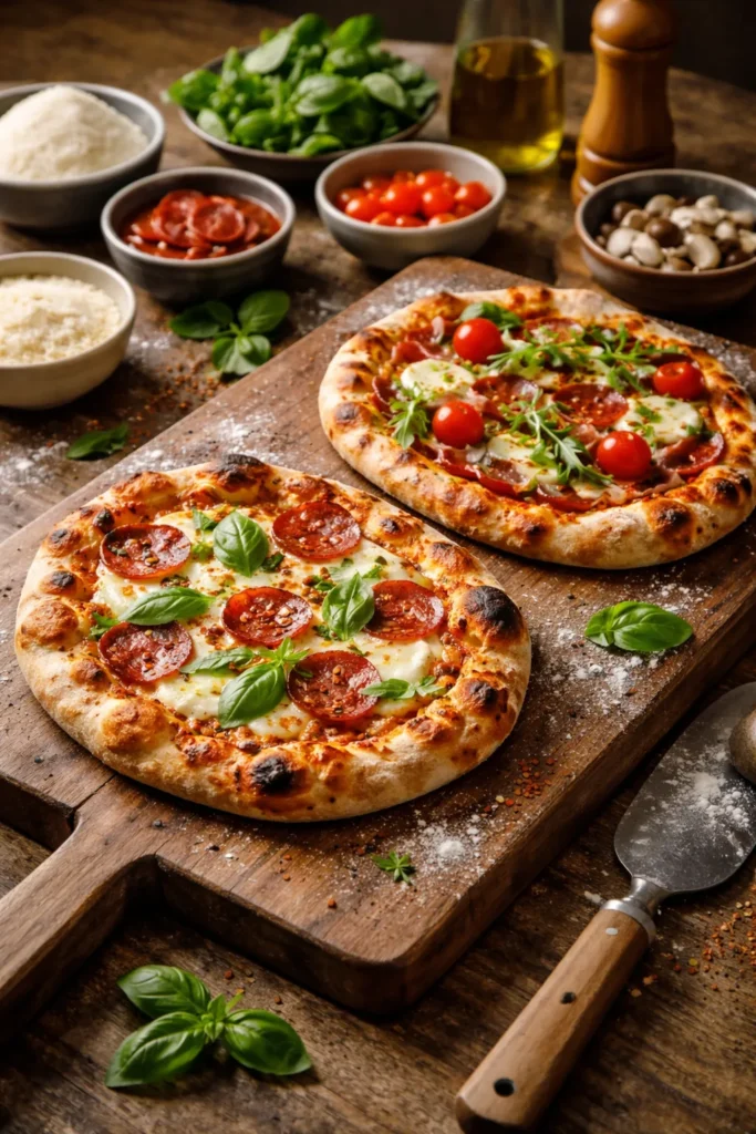 Two homemade pizzas on wooden board with toppings
