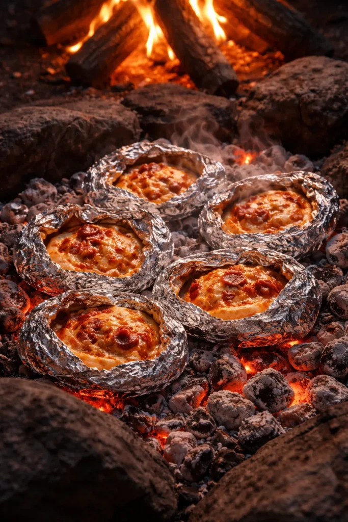 Foil-wrapped pizza rolls cooking in campfire coals with steam.
