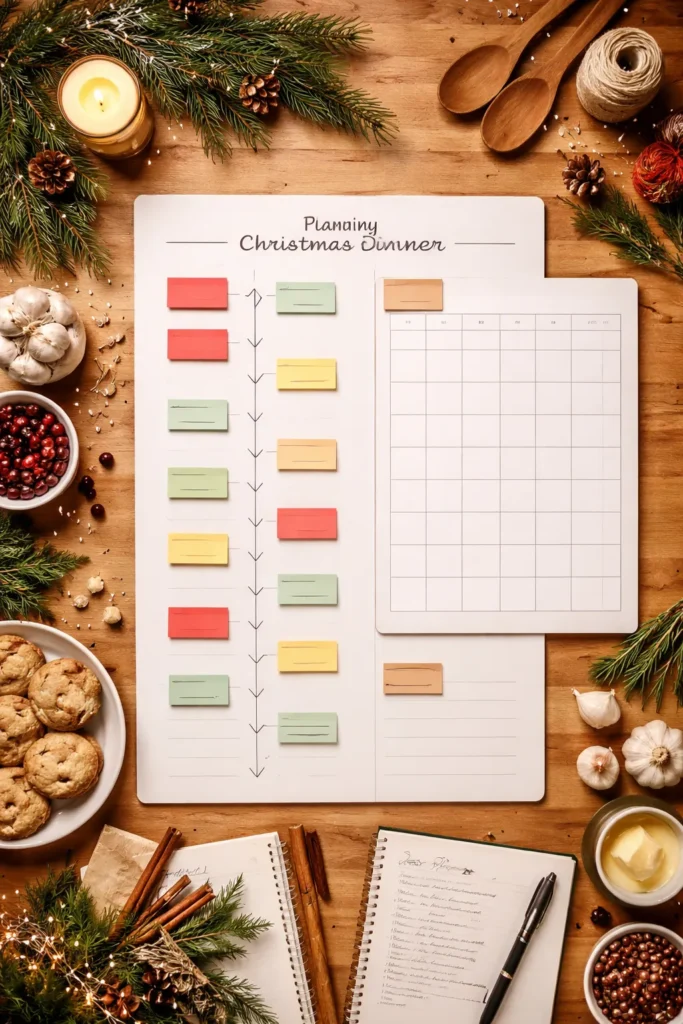 Minimal planning board with color-coded cards and a calendar grid for Christmas dinner timeline