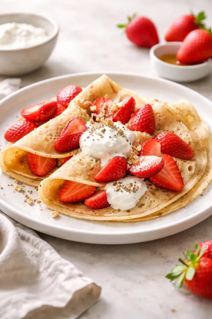 Creamy plant-based crepes with strawberries and coconut yogurt on plate.