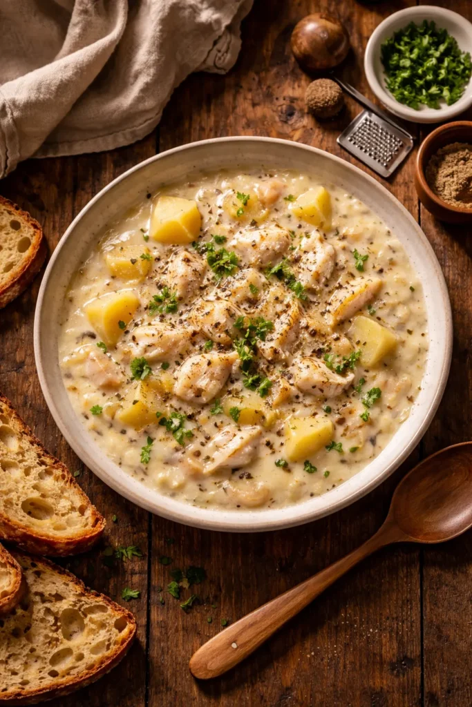Creamy plokkfiskur with cod and potatoes in a bowl
