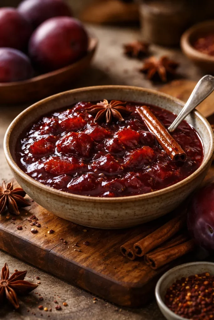 Close-up of glossy dark plum chutney in a rustic ceramic bowl with warm lighting
