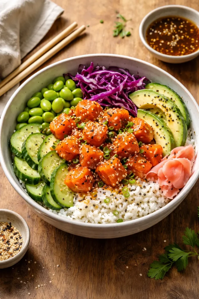 Poke bowl with fish, avocado, cucumber and sesame seeds