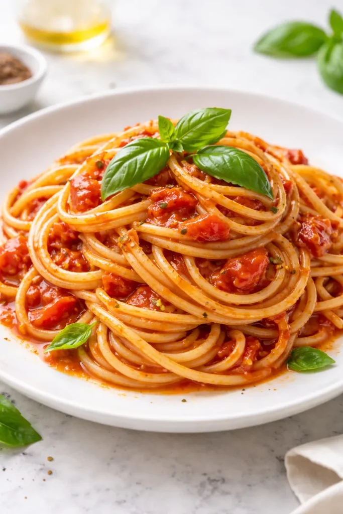 Pasta al pomodoro with bright tomato sauce and basil