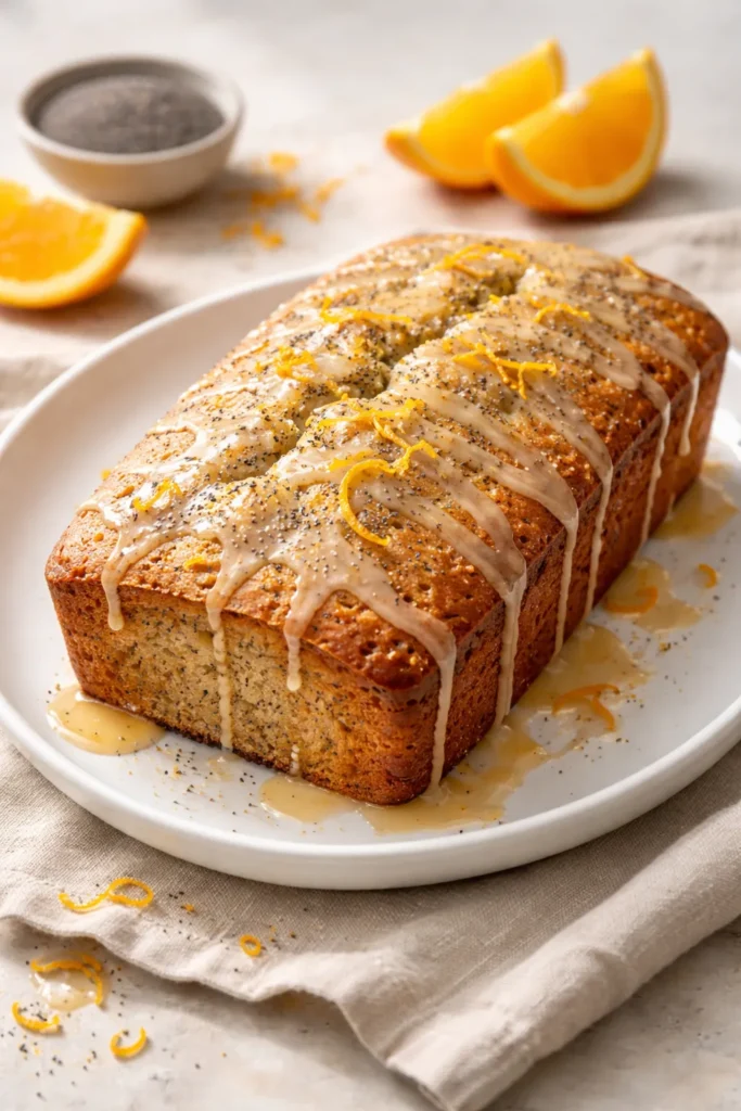 Poppy seed breakfast bread with orange glaze on plate