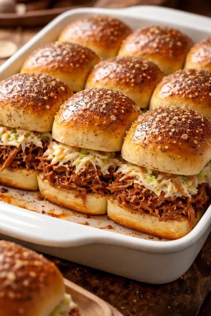 Pulled pork sliders with onion poppy seed butter topping