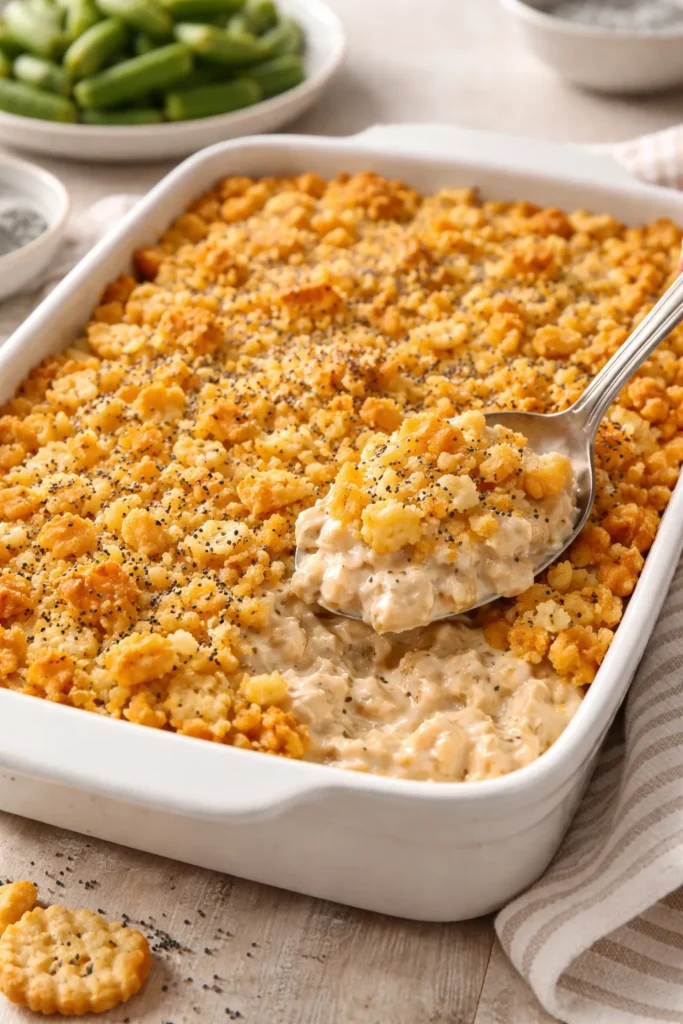 Poppy Seed Chicken Casserole in a baking dish with poppy seed cracker topping