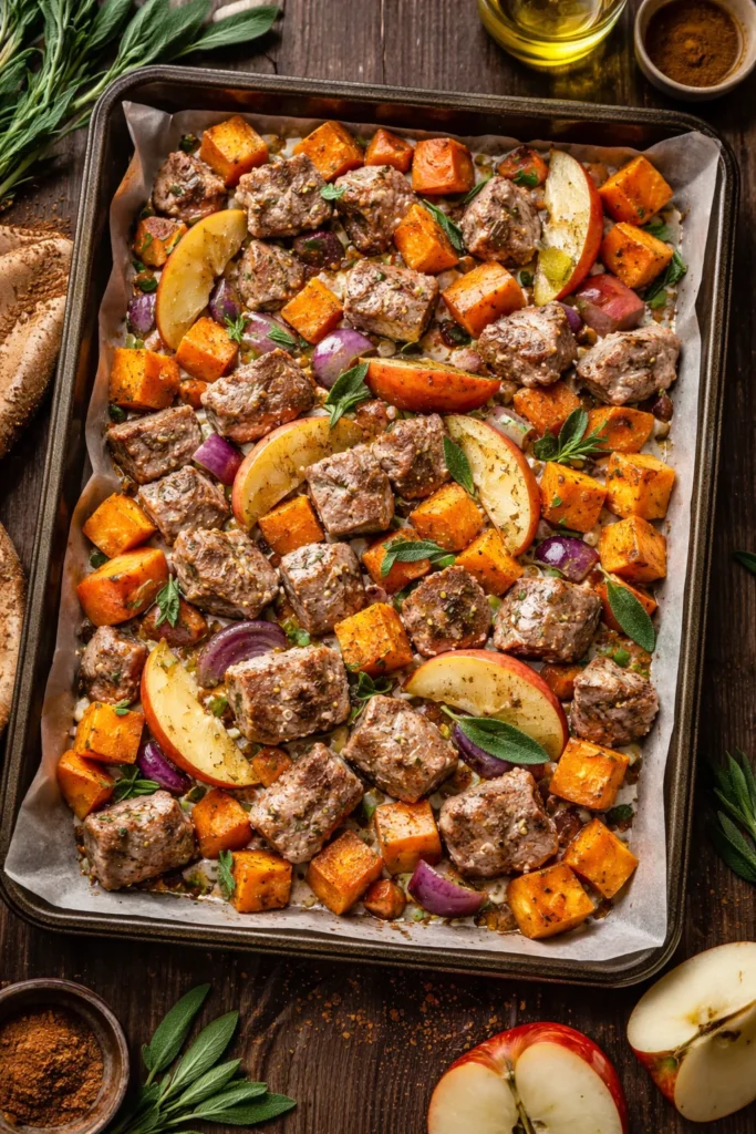 Pork with apples and sweet potato bake in one pan