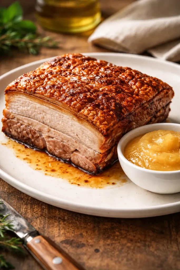 Crispy pork belly with apple sauce on a plate
