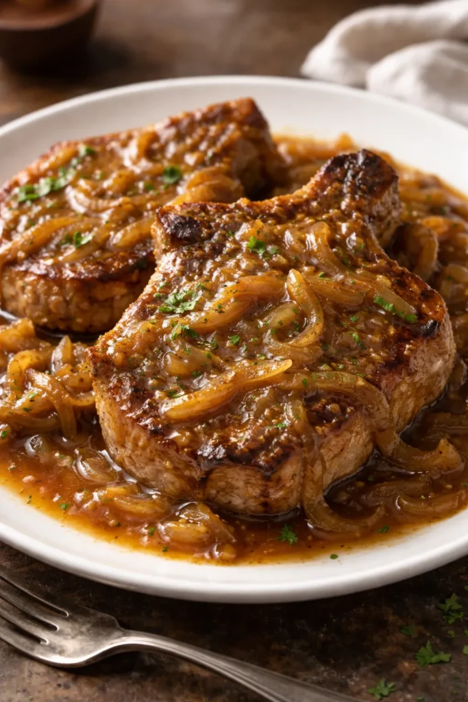 Bone-in pork chops in caramelized onion gravy