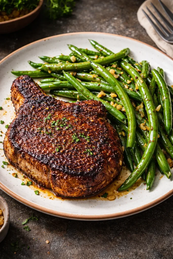 Blackened pork chop with garlic green beans on a plate