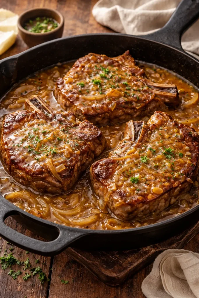 Bone-in pork chops in onion gravy in a cast-iron skillet