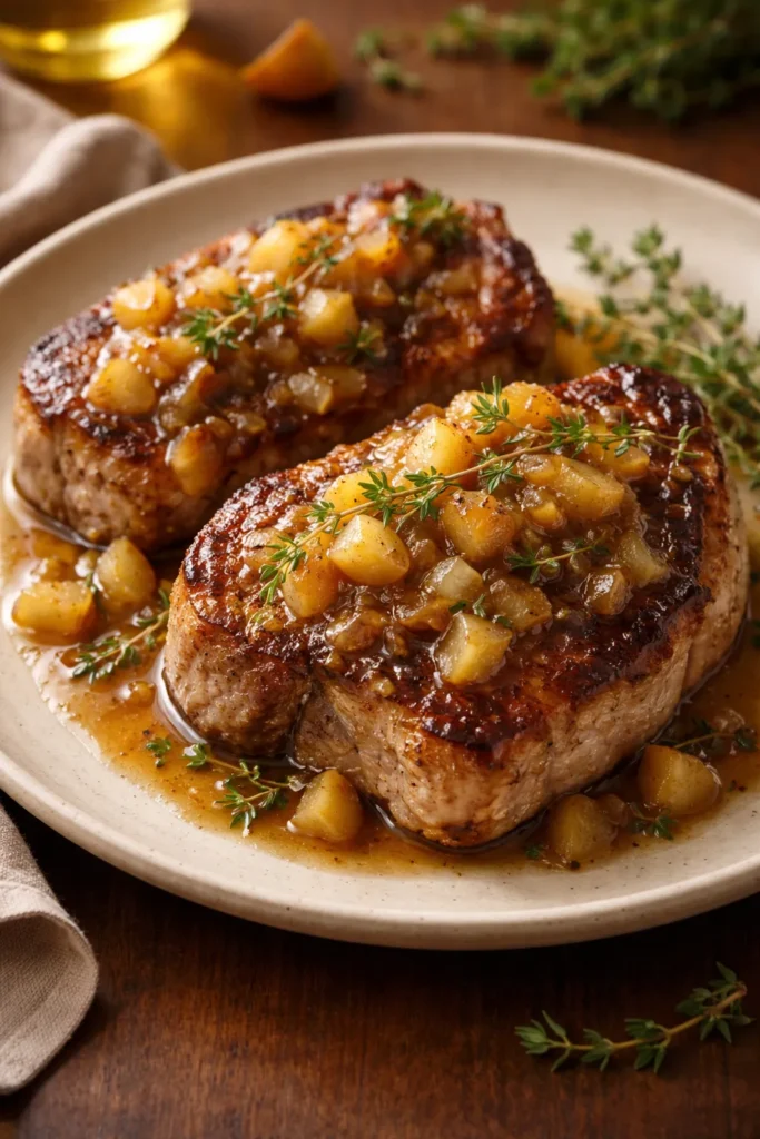 Seared pork chops with pear chutney and thyme garnish on a plate.