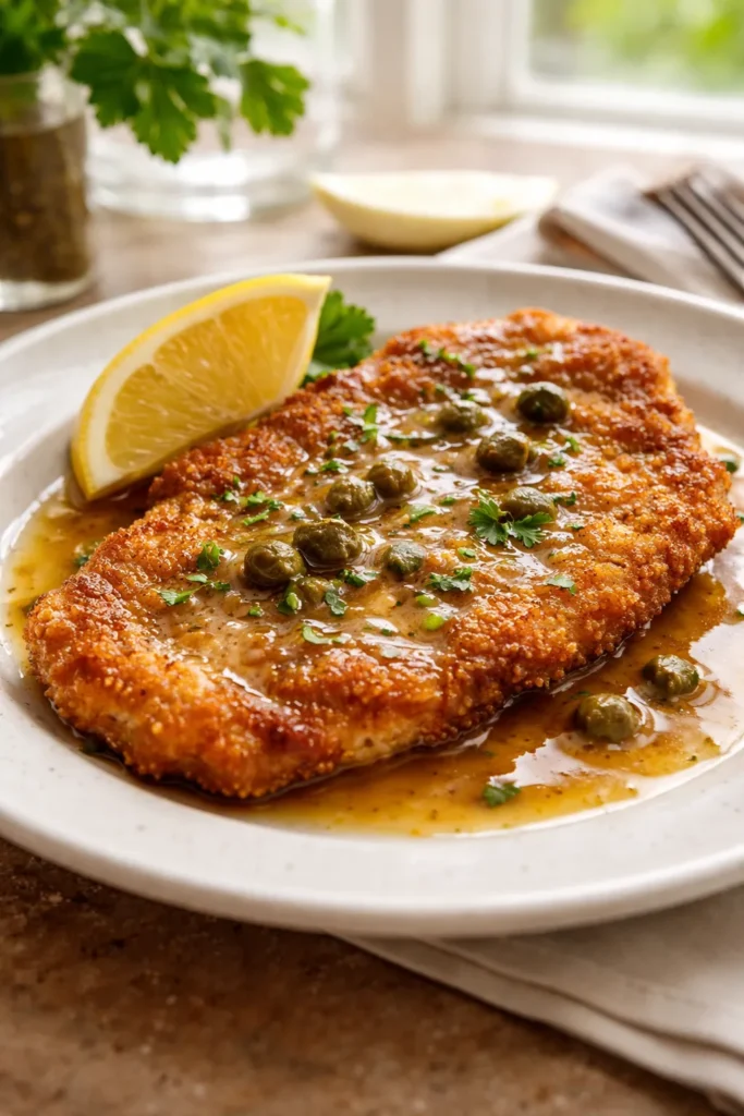 Pork schnitzel on white plate with lemon and pan sauce