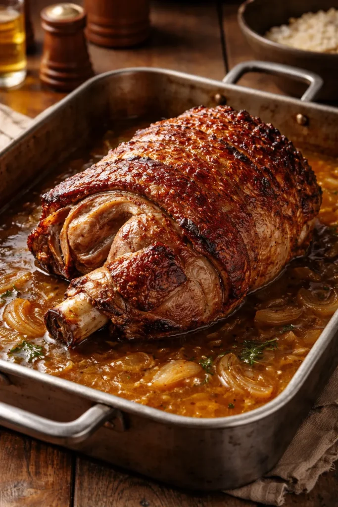 Pork shoulder roast with crackling and cider gravy in a roasting pan