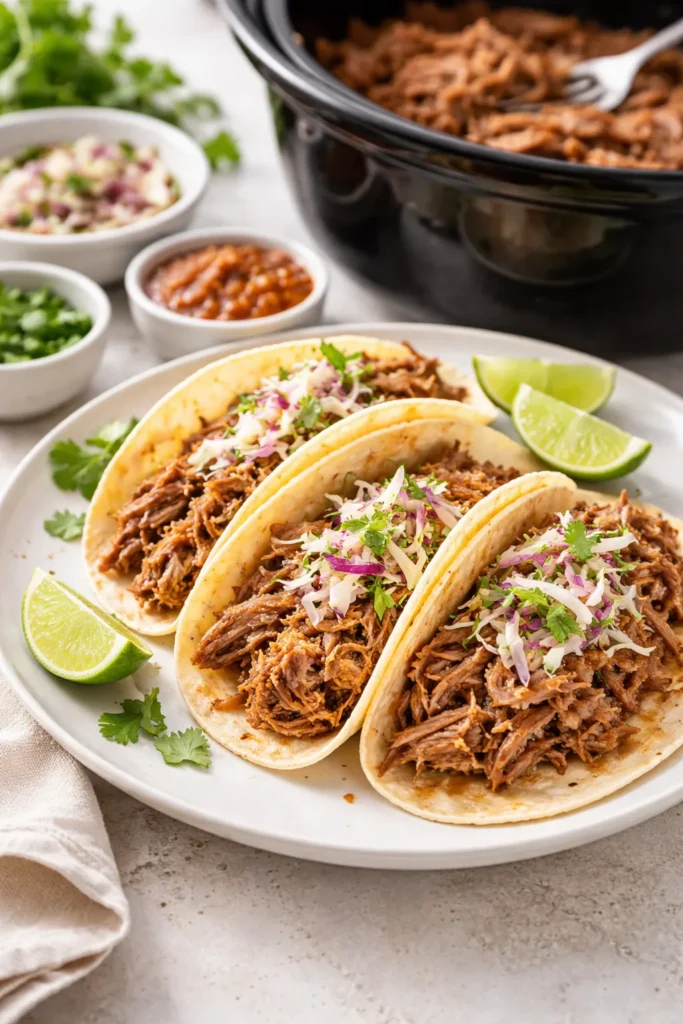 Tacos filled with shredded pork on a simple plate