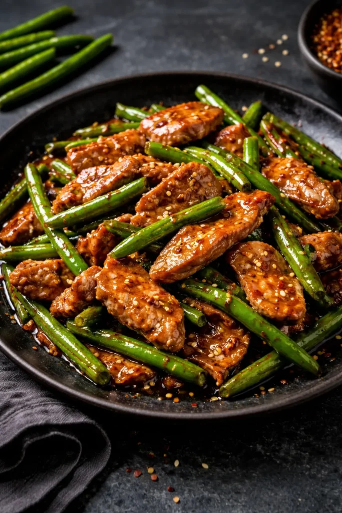 Pork and green beans in glossy spicy-sweet glaze on plate