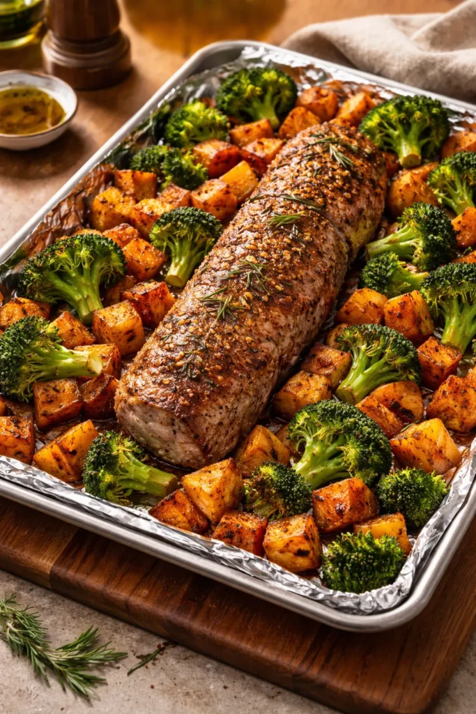 Pork tenderloin with sweet potatoes and broccoli roasting on a sheet pan.