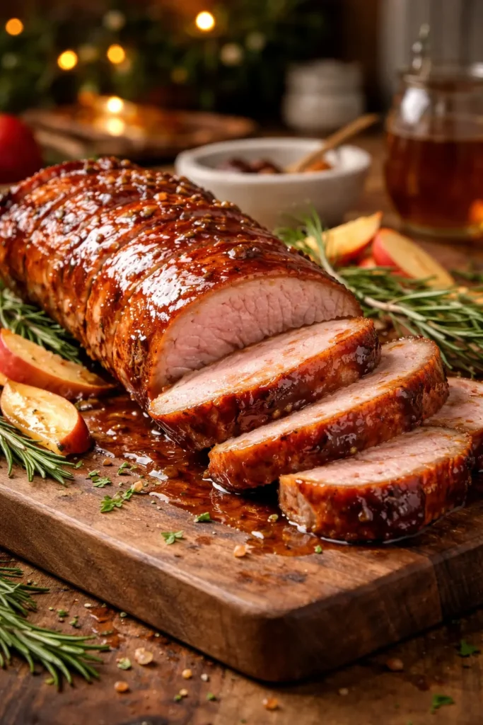 Pork tenderloin with glossy glaze on cutting board