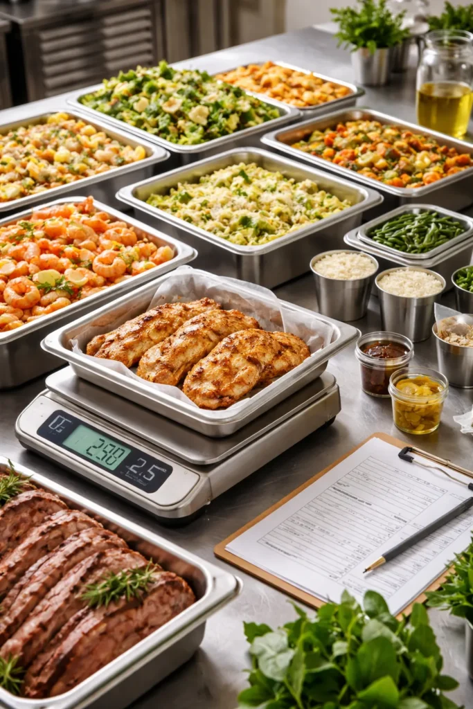 Portioned meat trays and a scale on a prep table