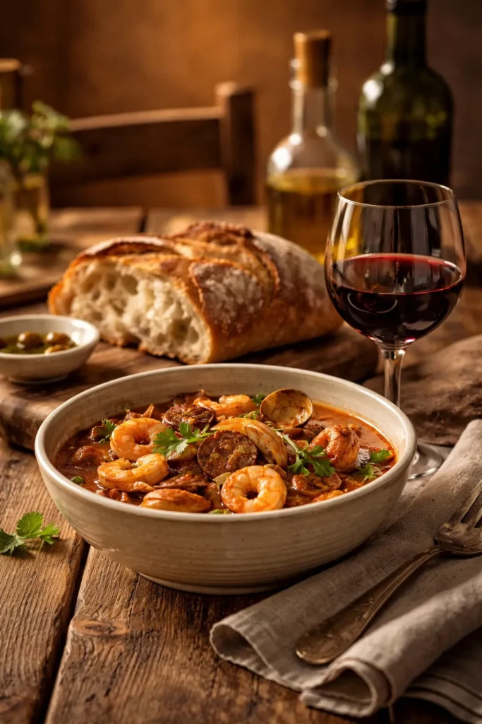 Simple table setting with bread, wine, and a ceramic bowl for Portuguese dinners