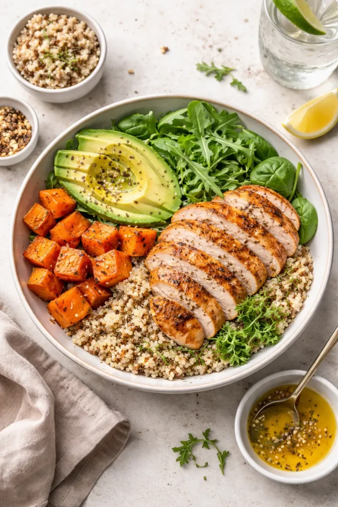 Close-up of a balanced post-workout protein bowl with chicken, grains, sweet potato, avocado, and greens