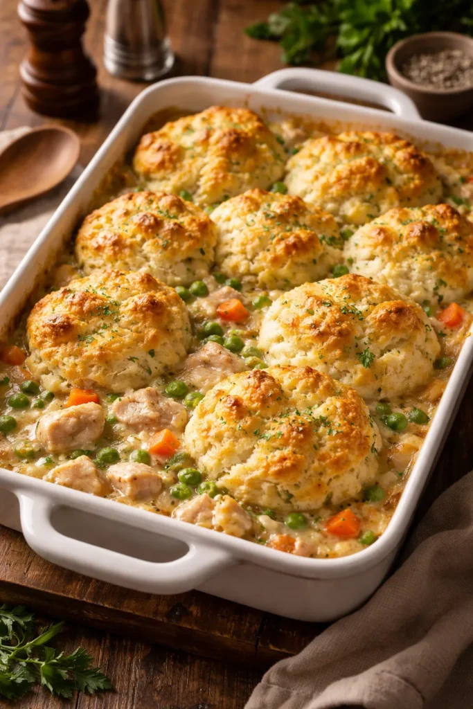 Pot pie style chicken with drop biscuits and vegetables