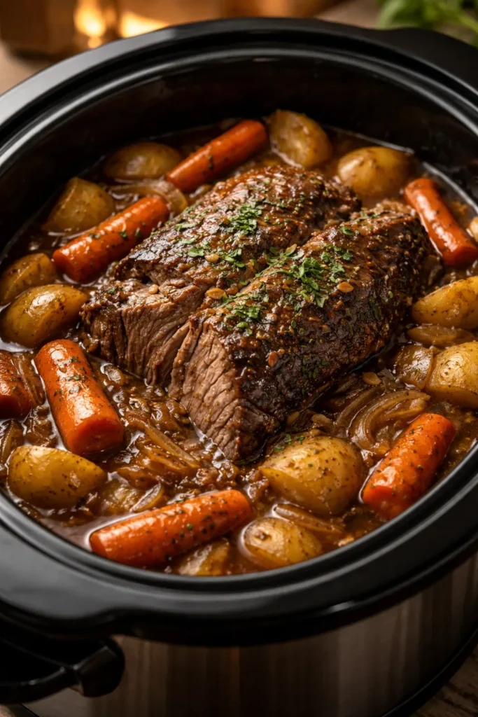 Fork-tender chuck roast with vegetables in rich gravy