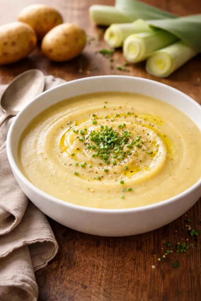 Silky potato leek soup in a white bowl on a warm wooden surface