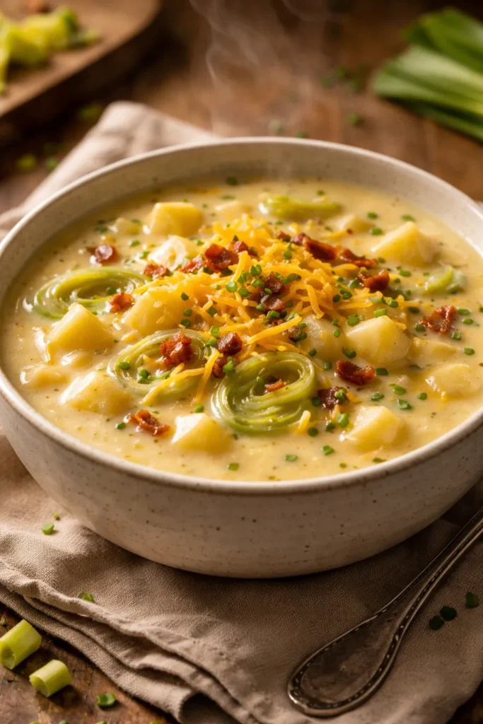 Creamy potato and leek soup in a bowl with visible chunks