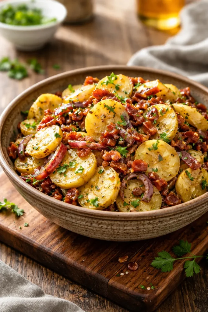 Warm German potato salad with bacon in a rustic bowl.