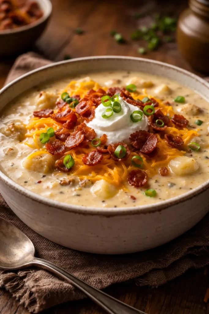 Creamy loaded baked potato soup with cheese and bacon toppings