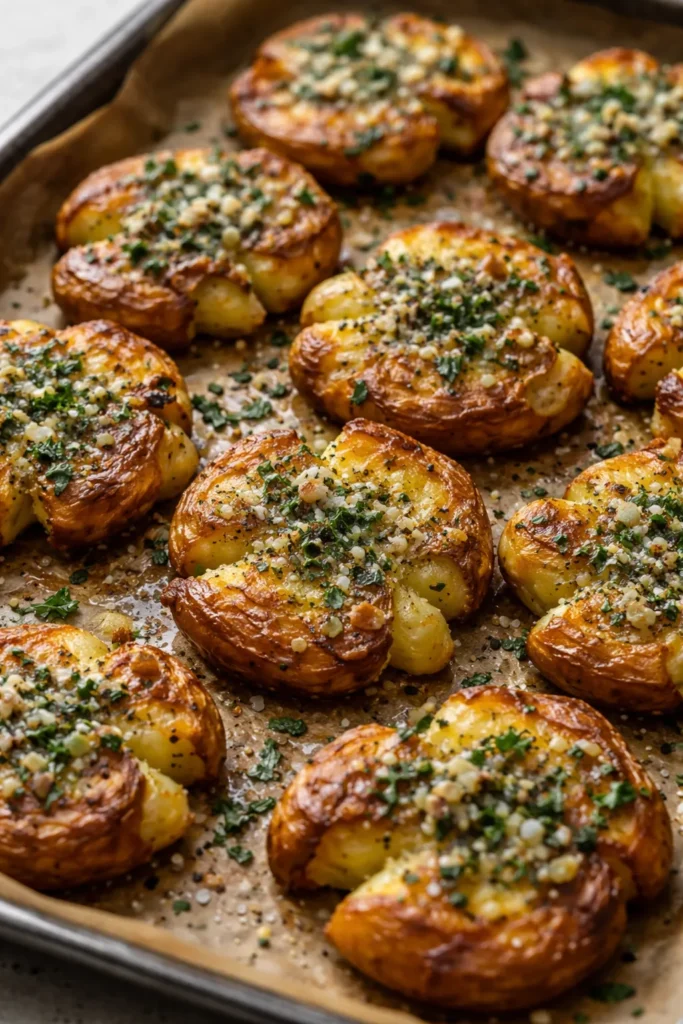 Crispy smashed potatoes with garlic butter on sheet pan