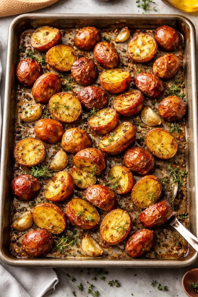 Crispy roasted potatoes with smashed garlic and herbs on sheet pan