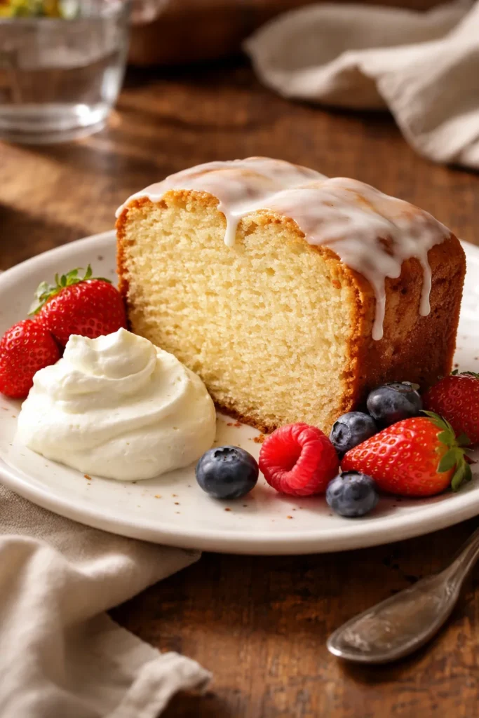 Moist pound cake slice with berries and whipped cream on rustic table