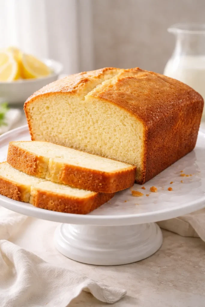 Golden pound cake on a pedestal highlighting moist crumb